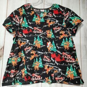 Women's Rudolph The‎ Red-Nosed Reindeer "Believe Me" V-Neck Printed Scrub Top
